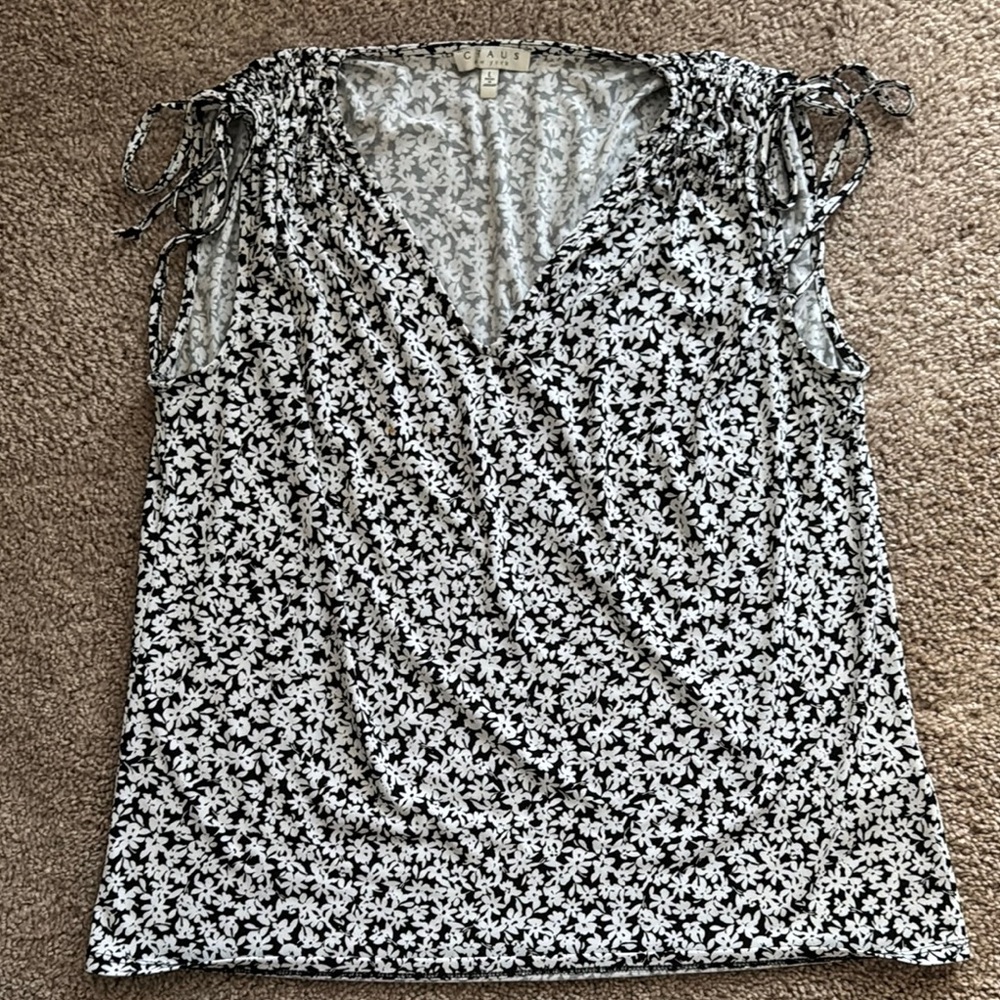 Chaus Black and White Flutter Sleeve Wrap Blouse